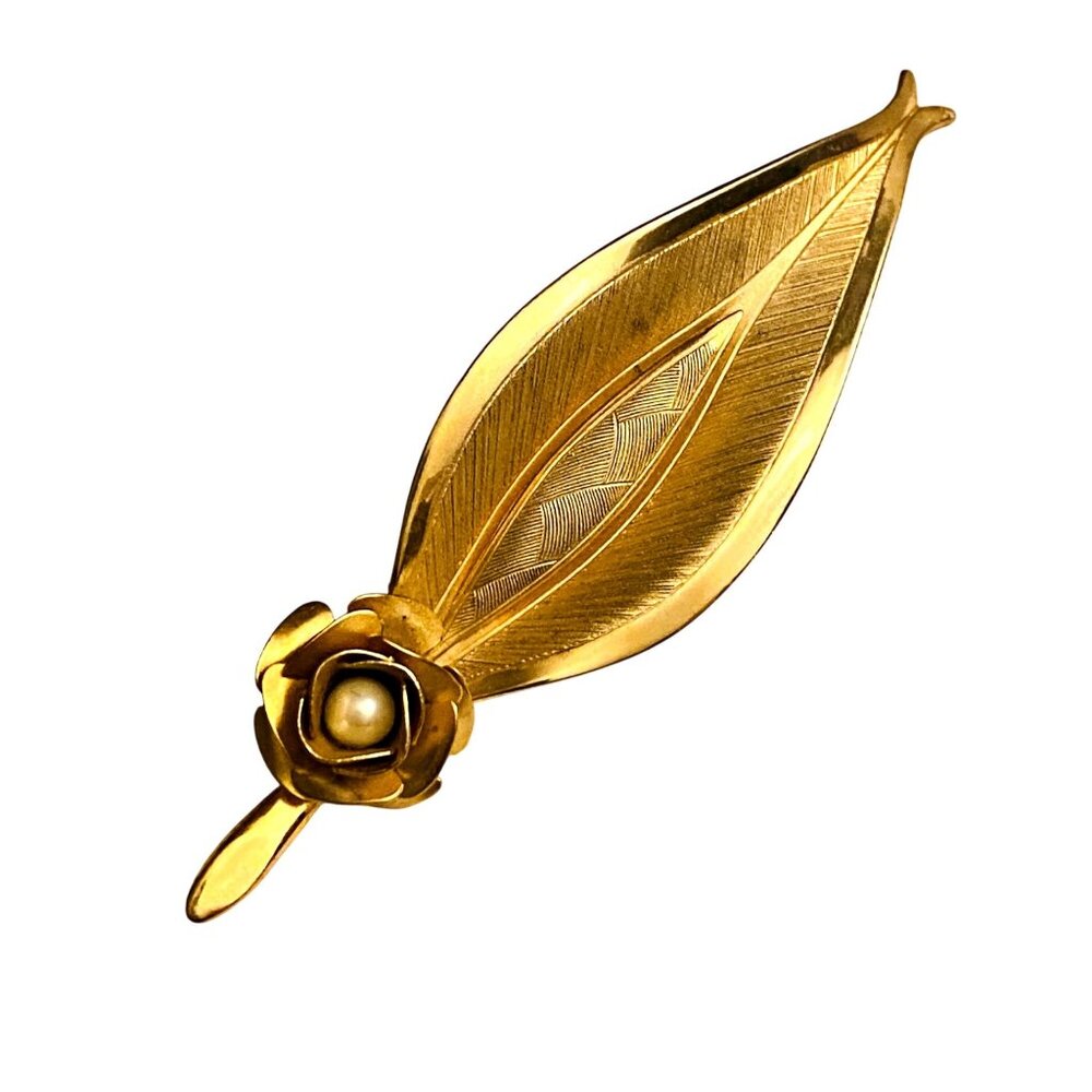 Vintage Leaf Brooch Gold Tone With Faux Pearl in a Rose Accent 3.5in Long